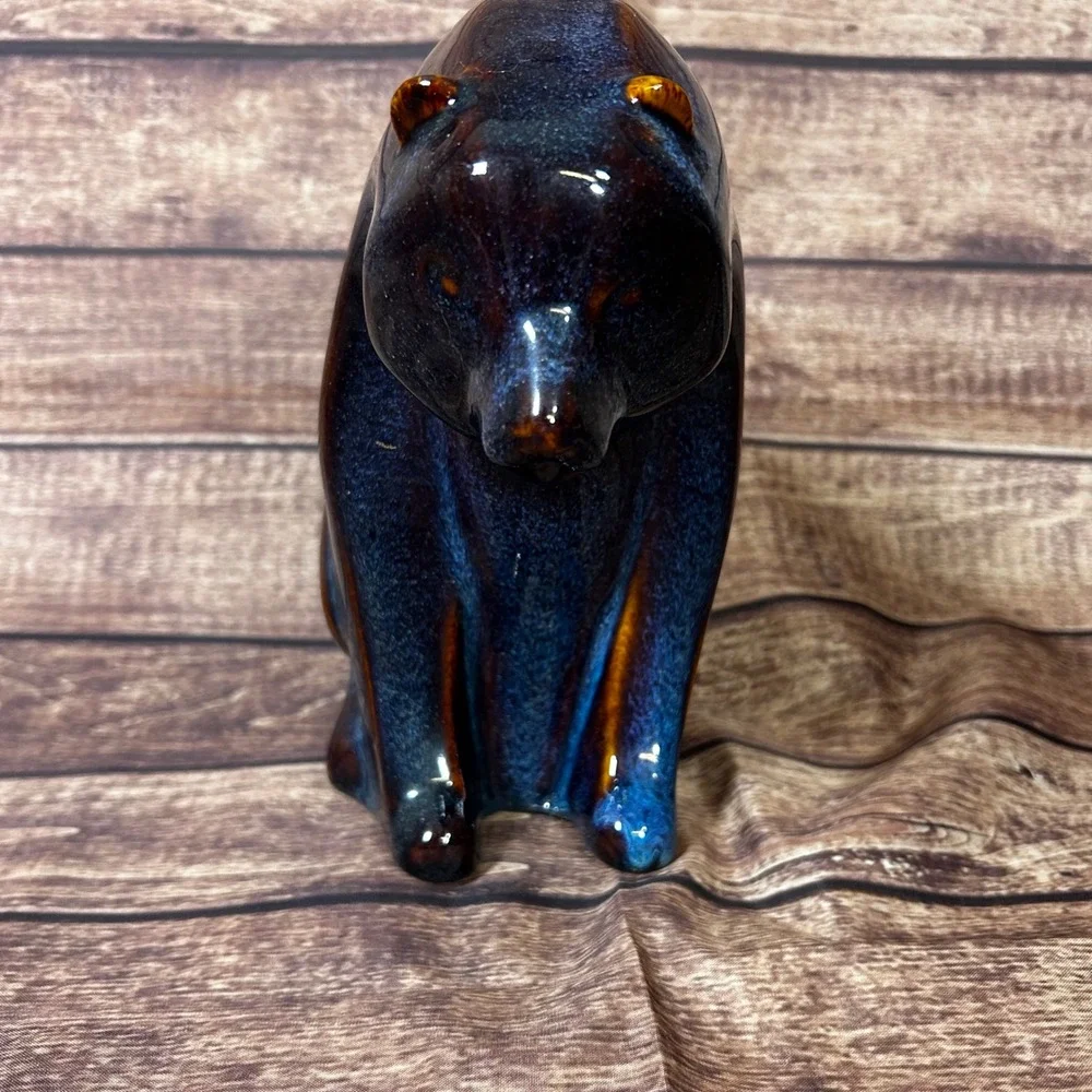 Vintage Blue Brown Reactive Glaze Ceramic Bear Figurine Mid Century‎ Modern 8.5